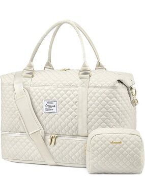 Lovevook Cream Quilted Travel Weekender with Pouch